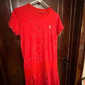 Red Dropwaist Vintage Pullover Dress w/ Colorful Clouds from Swiss Boutique